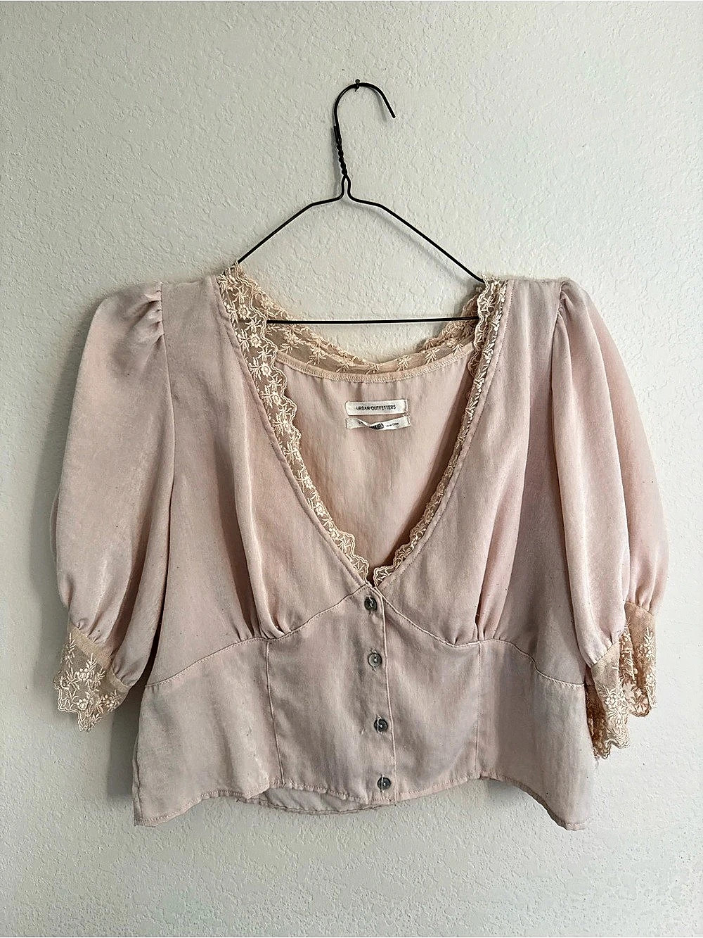 Urban Outfitters Pink Puff Sleeve Lace Trim Blouse